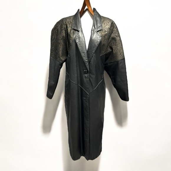 🌻VINTAGE 80s Pelle Club Long Embossed Paisley Black Leather Trench Upper Size L - Picture 1 of 14